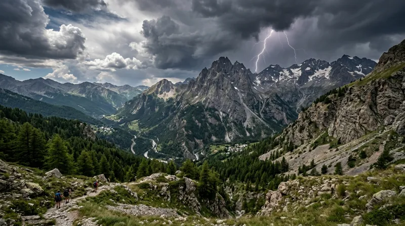 Paysage de montagne dans les Alpes-Maritimes sous un ciel d'orage.