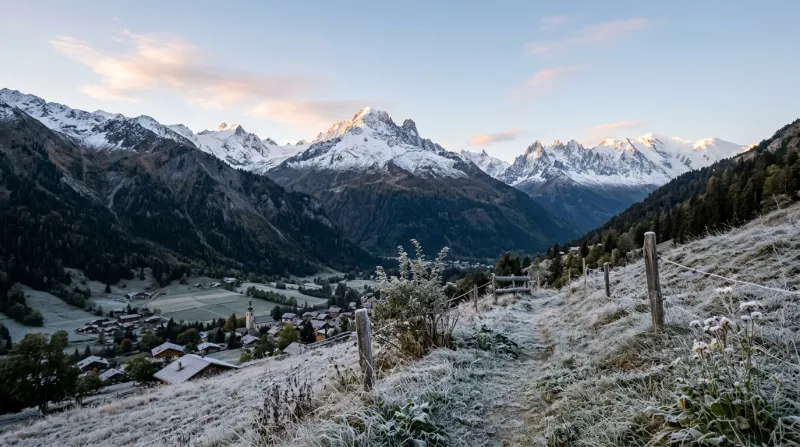Paysage de montagne en Haute-Savoie avec sommets enneigés et gelée matinale