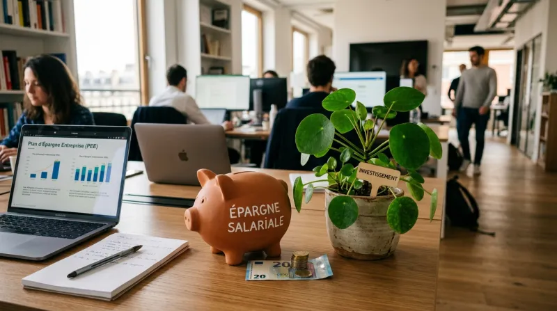 Une tirelire et une jeune plante verte sur un bureau d'entreprise.