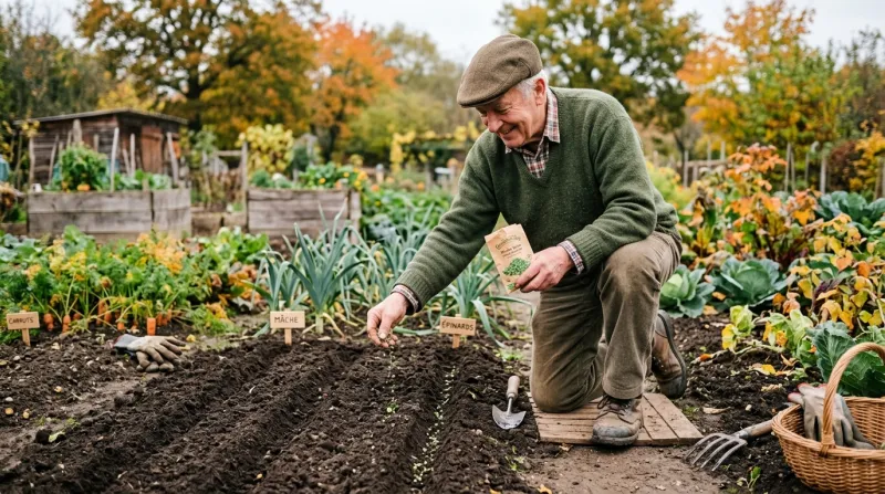 Jardinier semant des graines de mâche et d'épinards en automne.