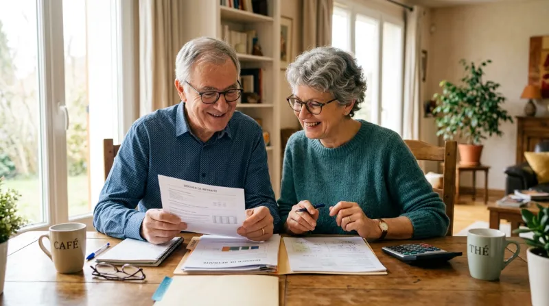 Un couple de retraités sourit en consultant des documents sur une table.
