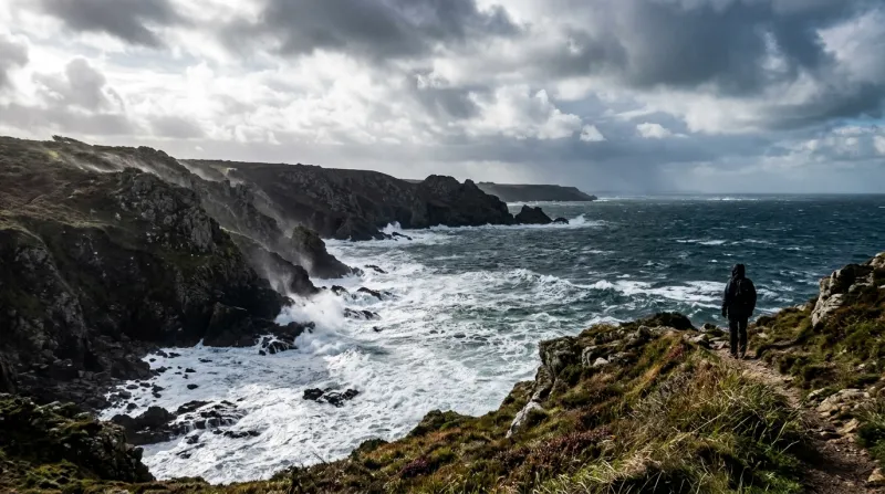 Mer agitée et ciel de traîne sur une côte sauvage de la Manche.