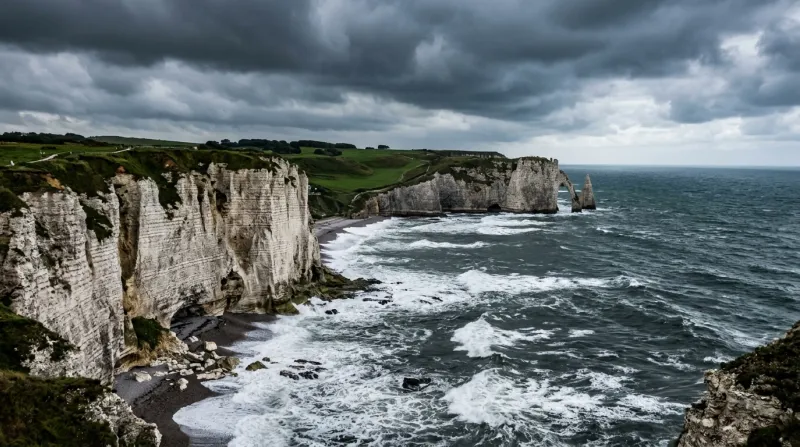 Falaises de craie et mer agitée sous un ciel d'orage en Seine-Maritime.
