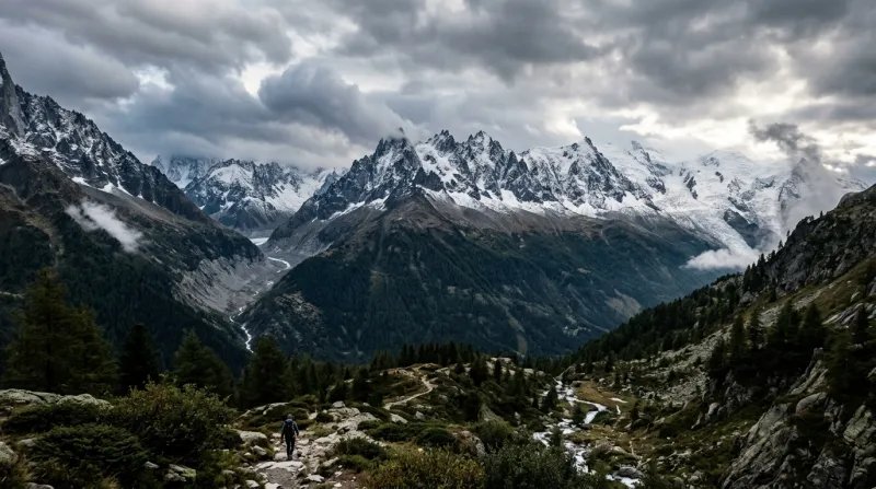 Paysage alpin froid avec les premières neiges sur les sommets sous les nuages.