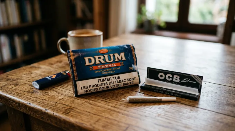 Paquet de tabac à rouler et feuilles sur une table en bois