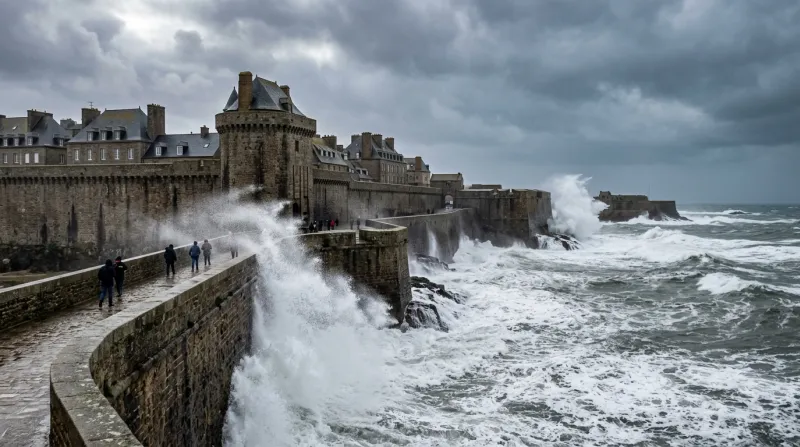 Un mur de pierre fortifié s'élevant au-dessus d'une mer orageuse avec des vagues déferlantes.
