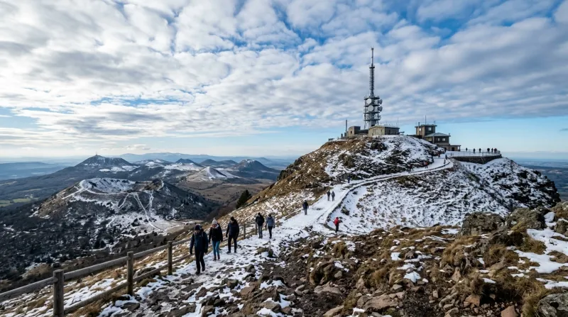 Sommet du puy de Dôme saupoudré de neige sous un ciel frais.