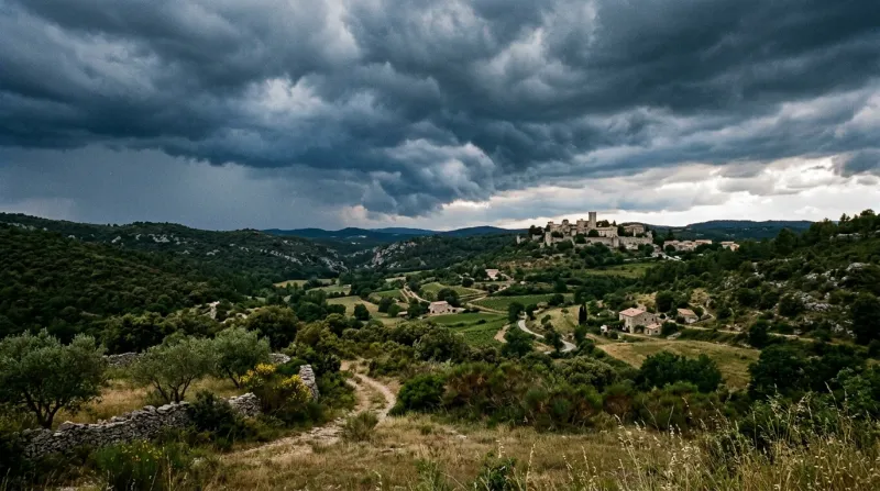 Paysage du Gard sous un ciel d'orage menaçant.