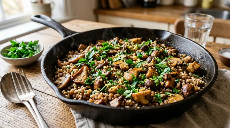 Une poêlée de champignons et d'orge au persil dans une poêle en fonte sur bois