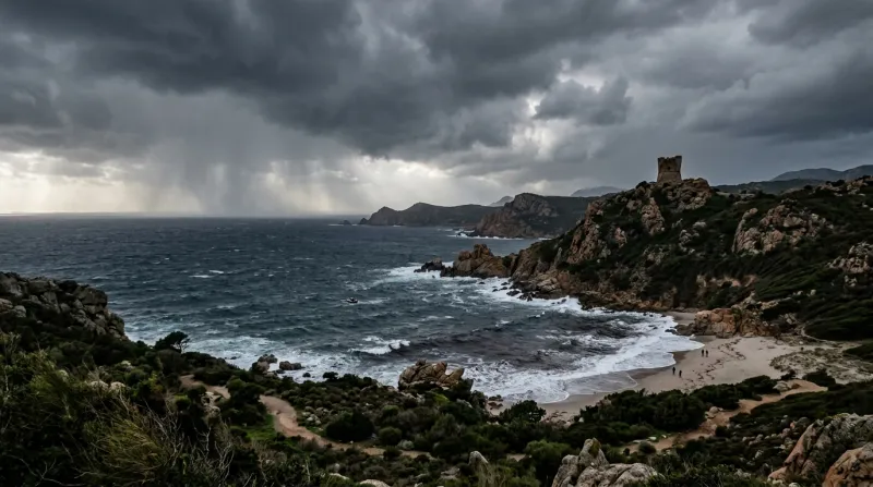 Un paysage côtier de Corse-du-Sud sous un ciel d'orage maritime