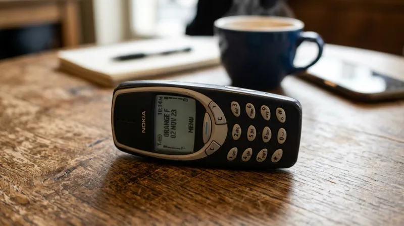 Gros plan d'un téléphone rétro à touches sur une table en bois.