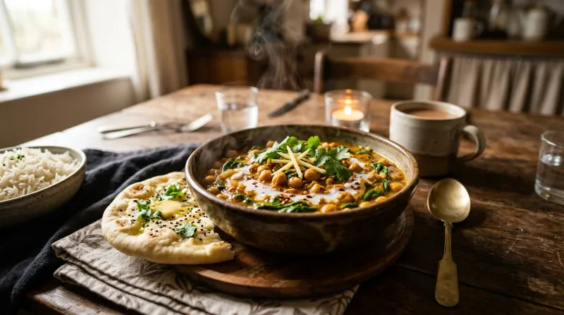 Un bol en céramique rempli de curry aux pois chiches fumant sur une table en bois.