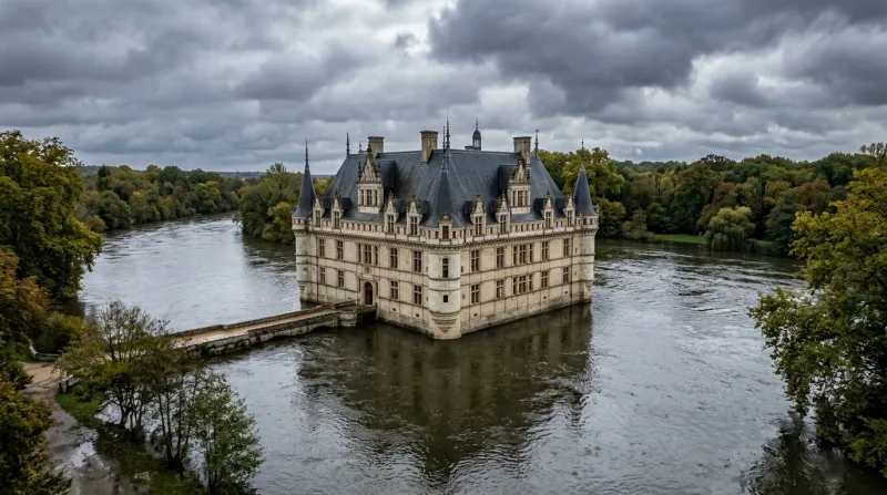 Château d'Azay-le-Rideau entouré par les eaux de l'Indre sous des nuages.