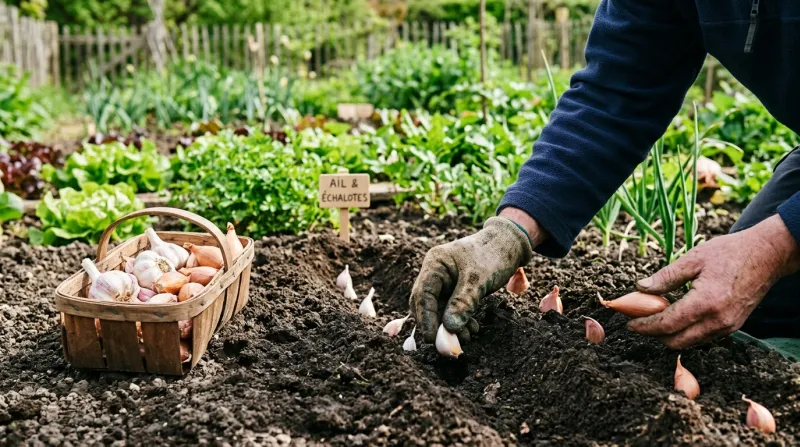 Plantation de caïeux d'ail et d'échalote dans un potager.