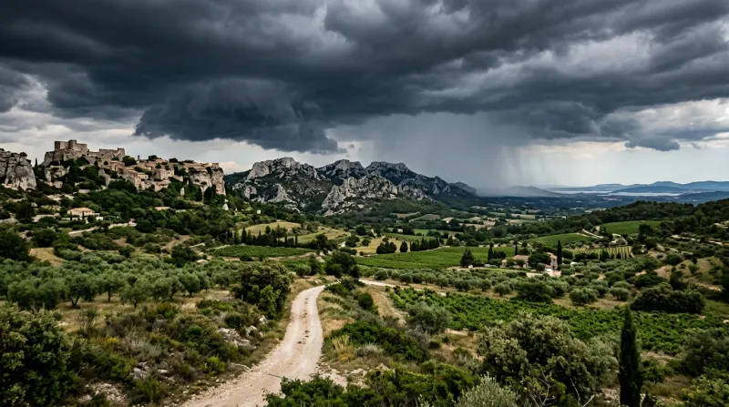 Paysage des Bouches-du-Rhône sous un ciel d'orage.