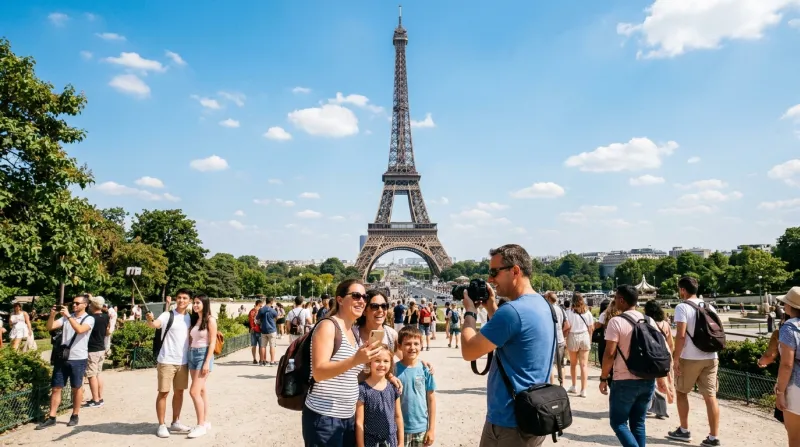 Touristes souriants posant devant la tour Eiffel sous un ciel ensoleillé