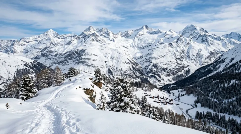 Paysage de haute montagne alpin enneigé.
