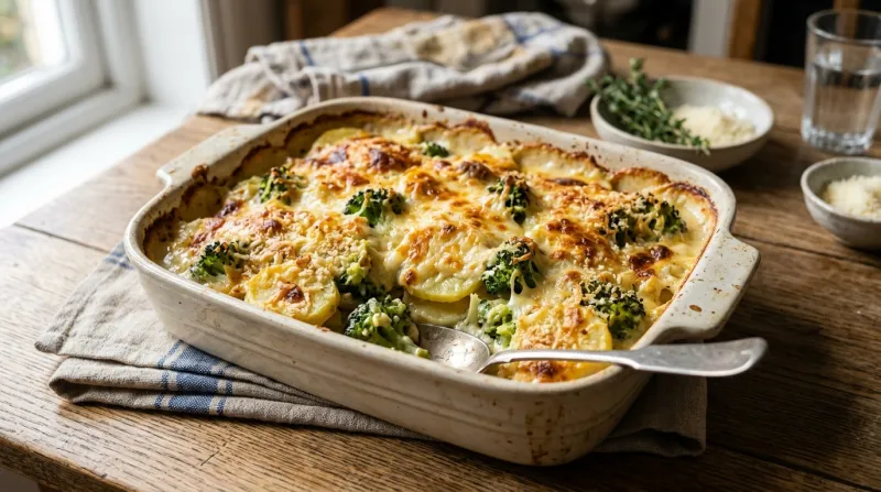 Gratin de brocolis et pommes de terre doré dans un plat.