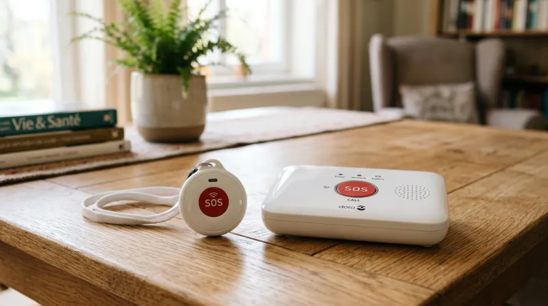 Médaillon de téléassistance et son boîtier sur une table lumineuse.