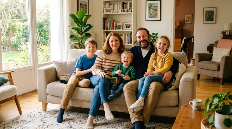 Une famille souriante avec des enfants dans un salon lumineux.