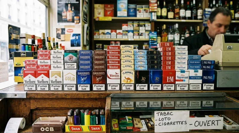 Paquets de cigarettes alignés sur un comptoir de magasin.