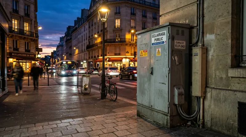 Armoire technique d'éclairage public urbain au crépuscule.