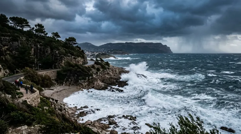 Paysage côtier du Var sous un ciel orageux et vagues en Méditerranée.