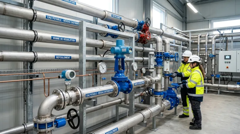 Installation moderne de distribution d'eau potable avec tuyaux et vannes.