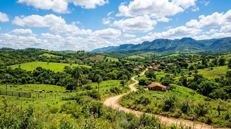 Paysage ensoleillé et verdoyant au Paraguay avec un ciel bleu.