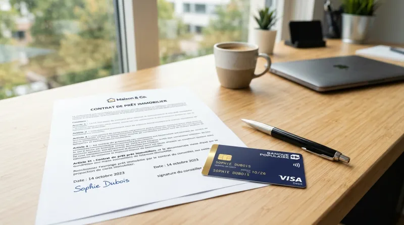 Carte bancaire, contrat et stylo sur un bureau lumineux.