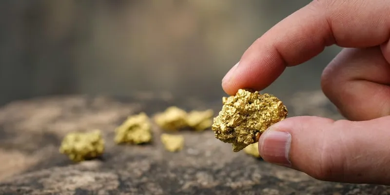 le minerai d'or pur trouvé dans la mine est entre les mains des hommes