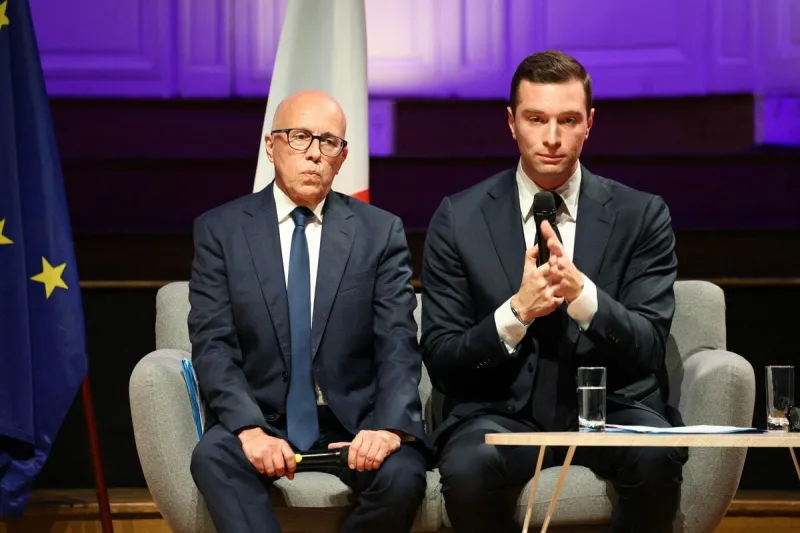 jordan bardella et eric ciotti lors des auditions des chefs de partis et de coalitions par le medef - paris