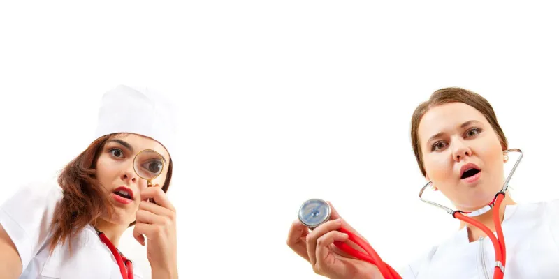 surprised nurse doing a medical examination she looks through a magnifying glass