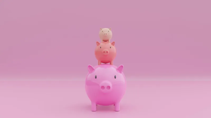 3d illustration family piggy bank 3 pink piglets stacked with mother pig and piglet pastel pink background