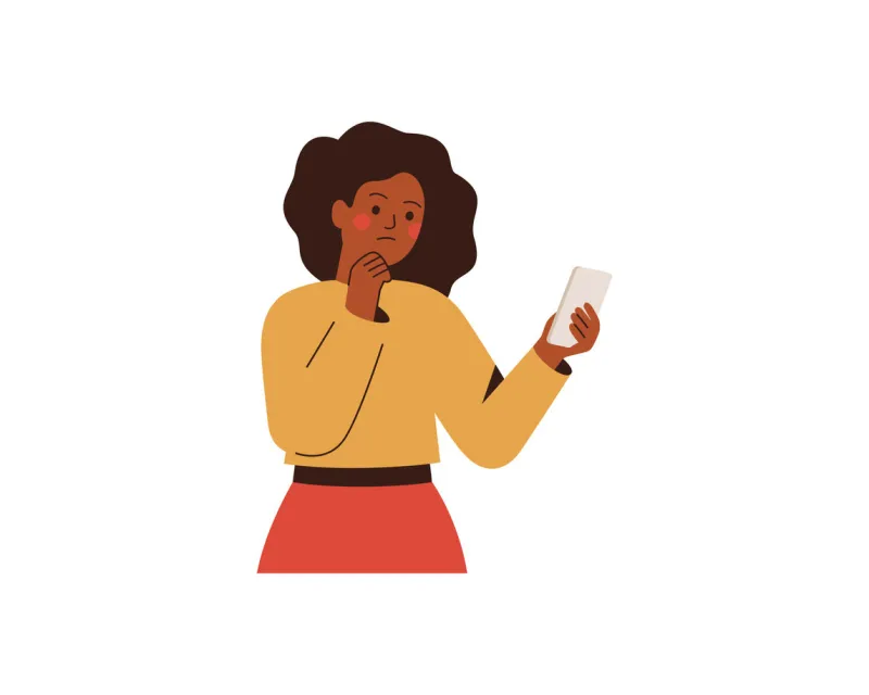 black woman holds mobile phone with doubt face and has some problem with it african american girl looks at her smartphone with thoughtful expression business character vector illustration