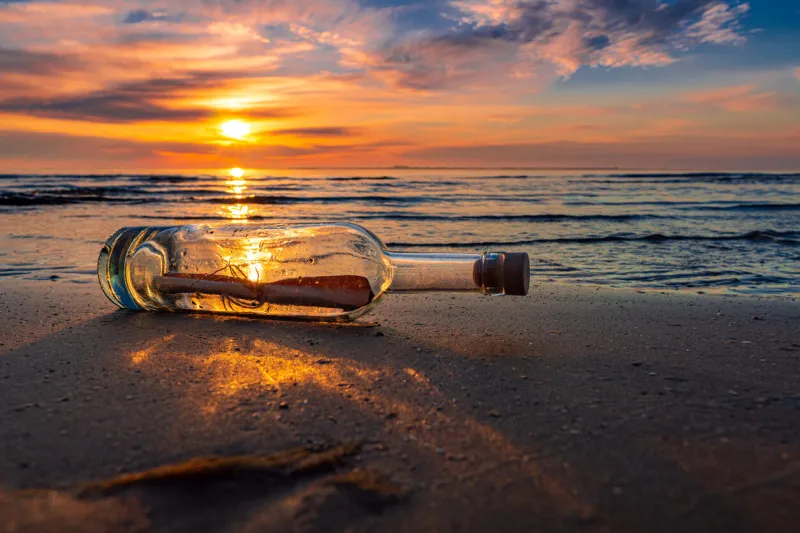 message in a corked bottle on beach, asking for help