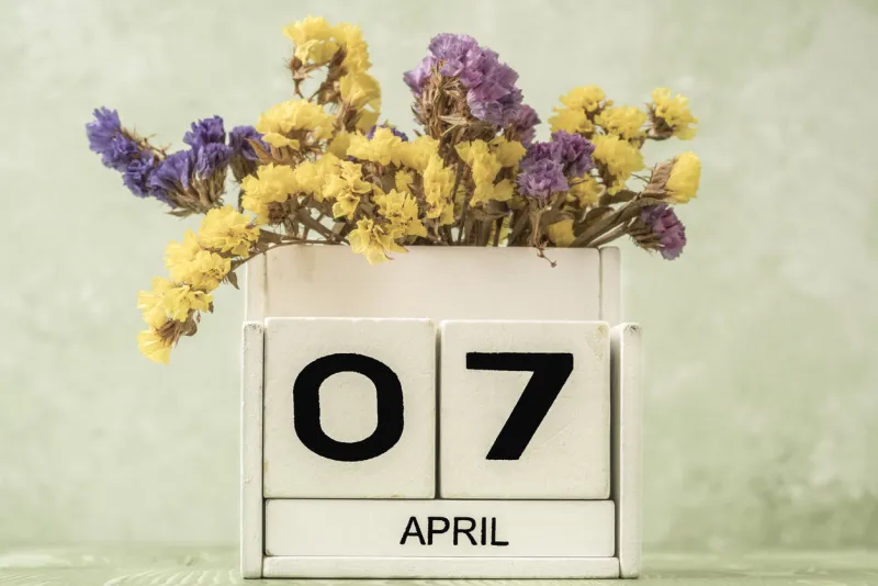 cube calendar for april decorated with flowers against green background with copy space