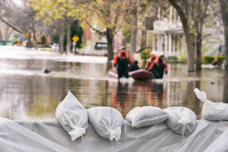 flood protection sandbags with flooded homes in the background (montage)