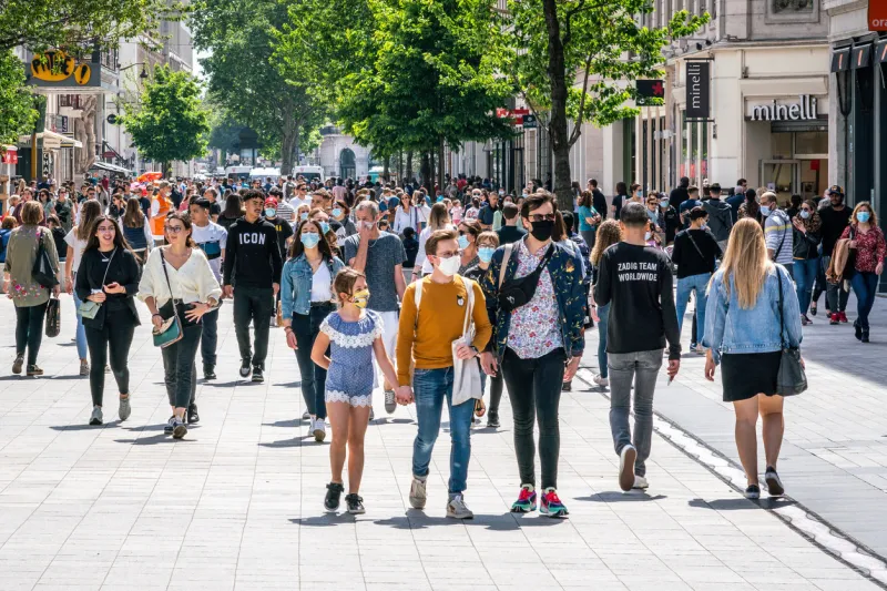 lyon france, 16 may 2020   people wearing face masks on the first weekend of the unlockdown in lyon france
