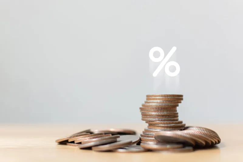 concept save money financial business investment coins stack with icon percentage symbol