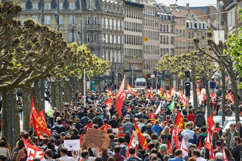 strasbourg, france - may 19, 2016  perspective view of crowd on place broglie during a demonstrations against proposed french government's labor and employment law reform