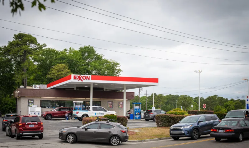 cars begin to line up at an exxon station after fuel shortages were announced due to a cyberattack on the colonial pipelinewilmington, nc, usamay 11