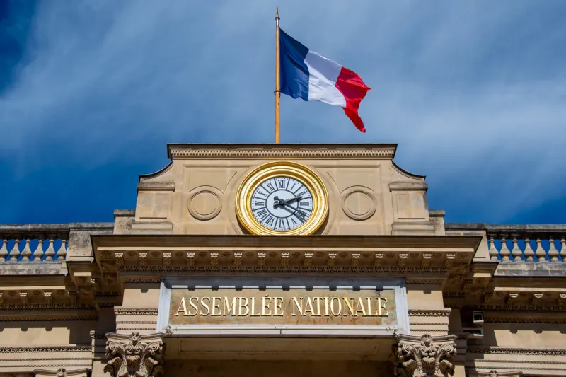 detail of the facade of the french national assembly building, also called palais bourbon or chamber of deputies, elected representatives in parliament by the people of france