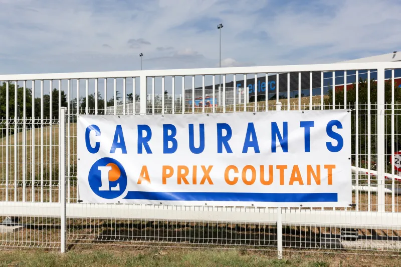 saint georges, france - july 28, 2022  petrol and diesel at cost price at leclerc supermarket in france called carburants à prix coutant in french language