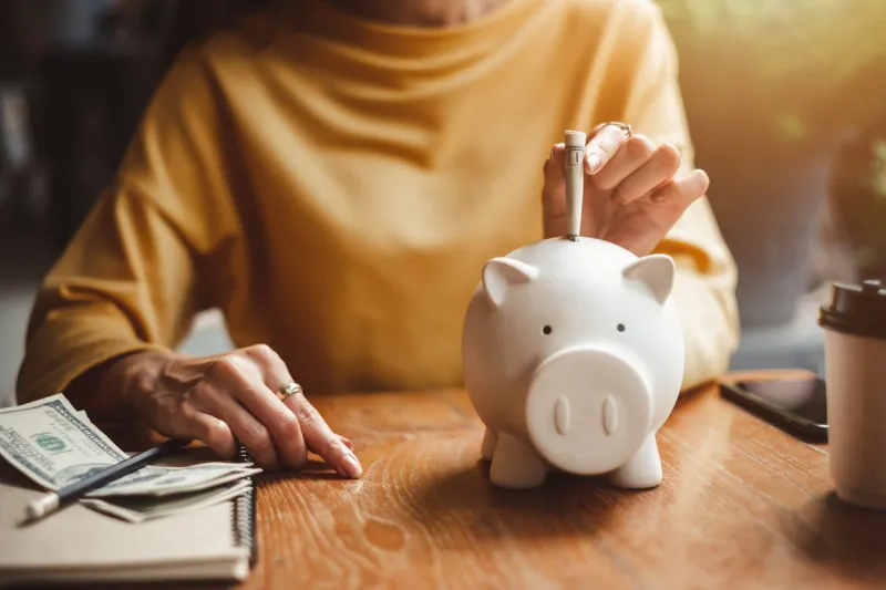 woman hand putting money bank note dollar into piggy for saving money wealth and financial concept
