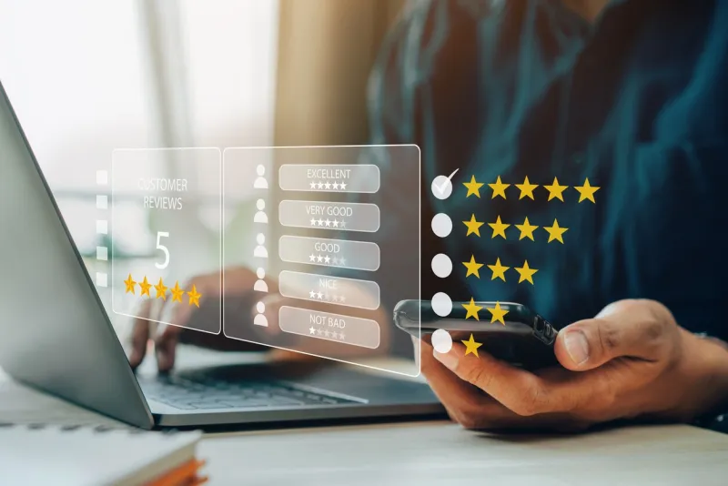 customer review satisfaction feedback survey concept, user give rating 5 star to service experience on online application