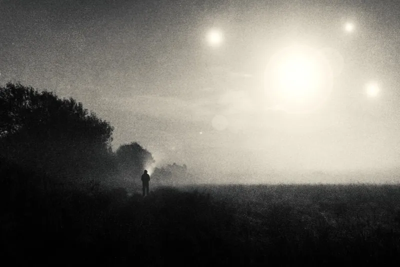 a moody science fiction concept, of a figure standing in a field with ufo lights glowing in the sky on a foggy spooky night with a vintage, grunge edit