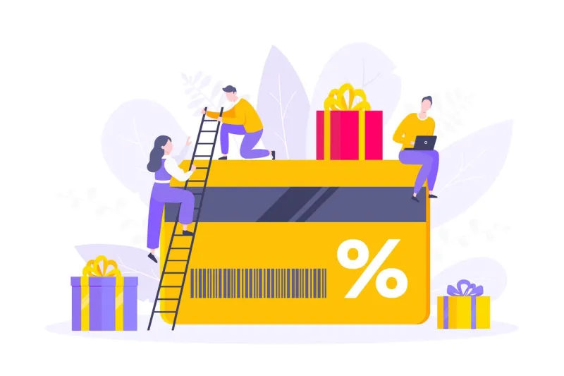 get loyalty card and customer service business concept flat design vector illustration earn loyalty program points and get online reward and gifts tiny people with big card and gift box