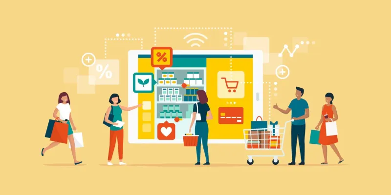 happy people doing grocery shopping online and shopping smartphone app  technology, retail and communication concept