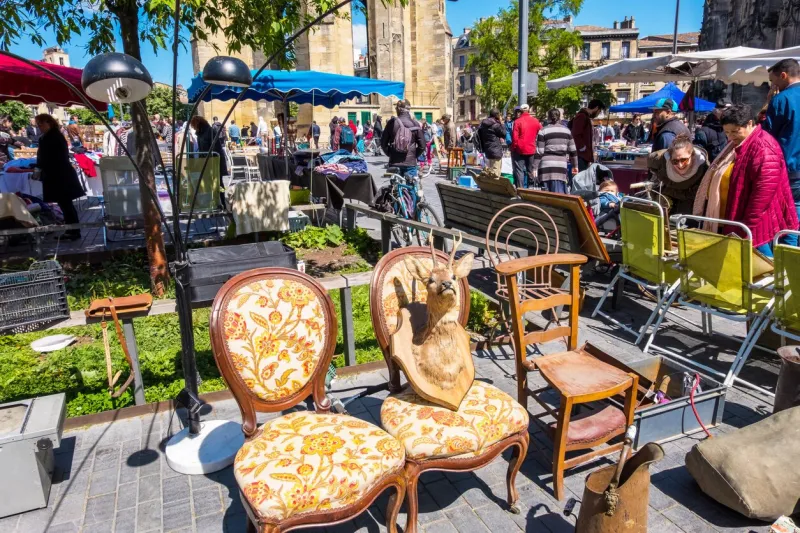 bordeaux, france - may 5, 2019  famous bordeaux flea market marche aux puces in sunday on place near saint michel basilica, aquitaine, france